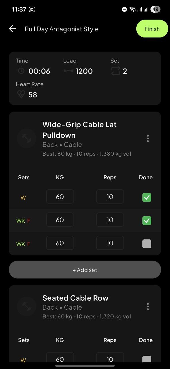 Activ.run gym session logging sets and reps