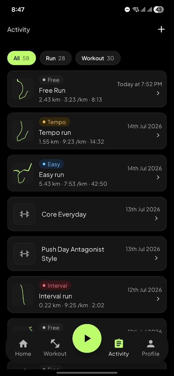 Activ.run activity history with runs and gym sessions together