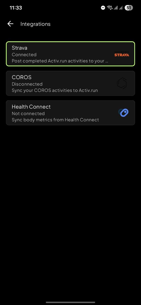 Activ.run integrations screen with Polar connected